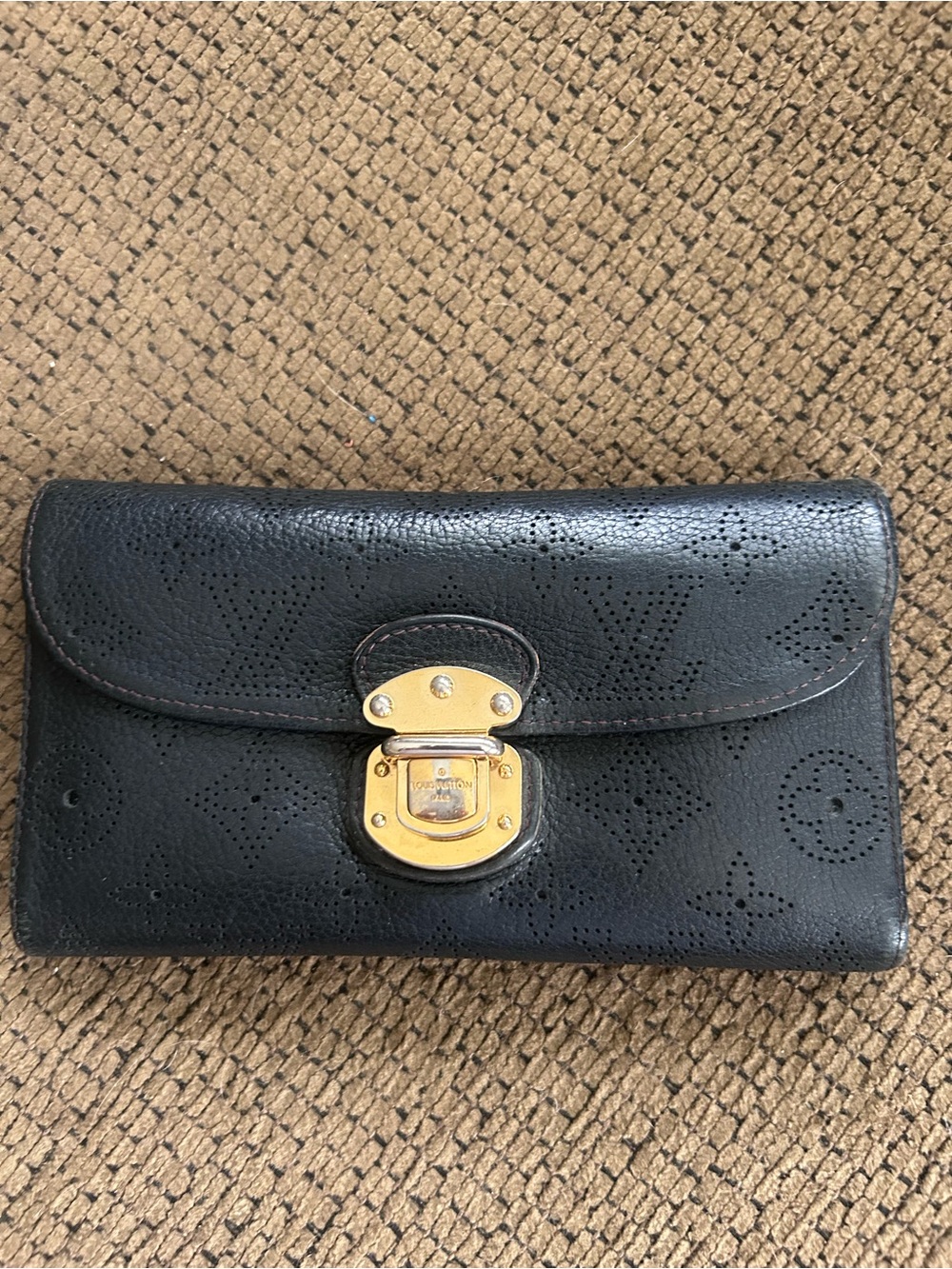 Louis Vuitton Black Mahina Leather Wallet with Gold-Tone Lock